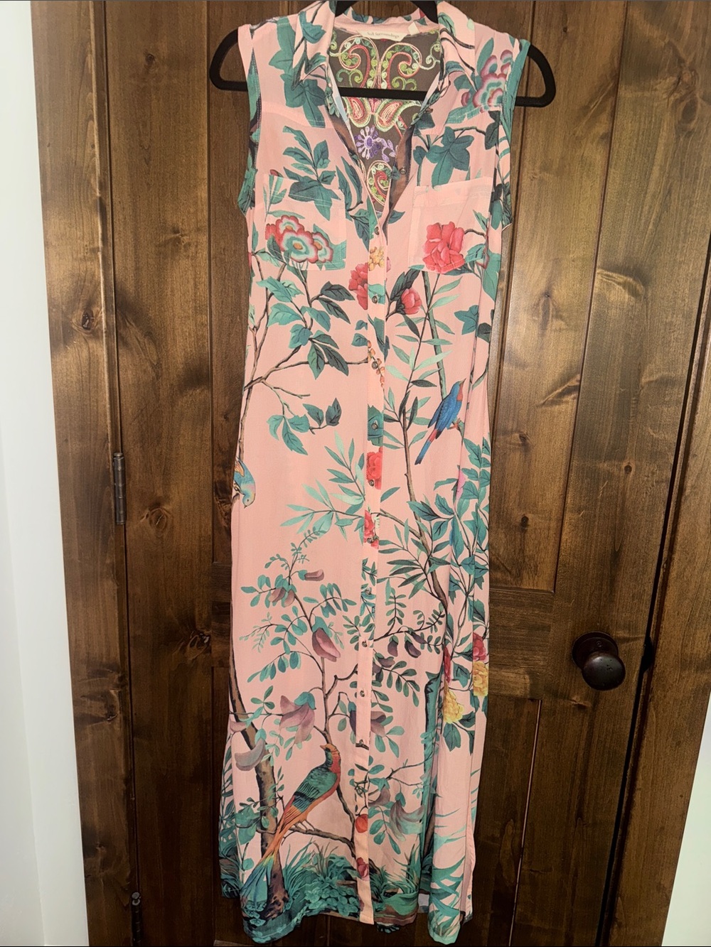 Soft Surroundings Pink Dress with Teal & Green Embroidery